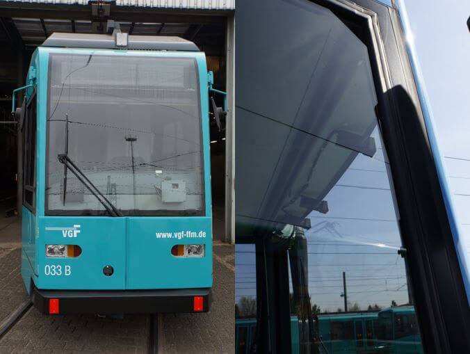 Zwei Bilder mit Ausschnitten der Bahnvorderseite mit Fahrerassistenzsystemen