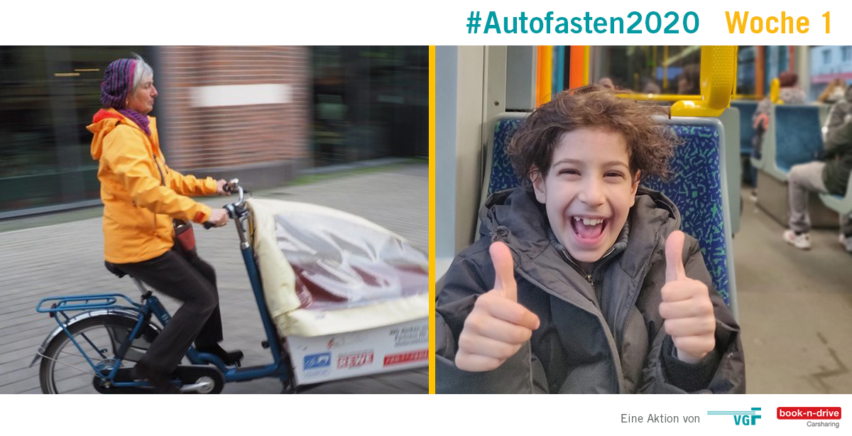#Autofasten2020 Woche 1 - Frau auf Fahrrad und Kind in der Straßenbahn mit Daumen hoch